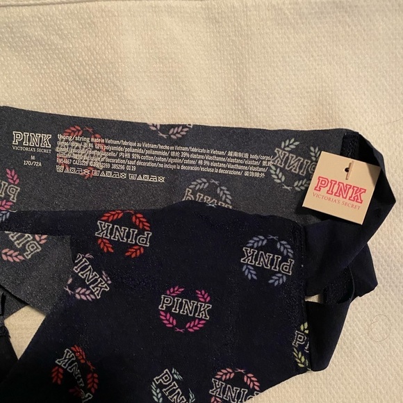 PINK VS Thong / String Panty Blue with PINK Emblems Medium NWT - Picture 3 of 6
